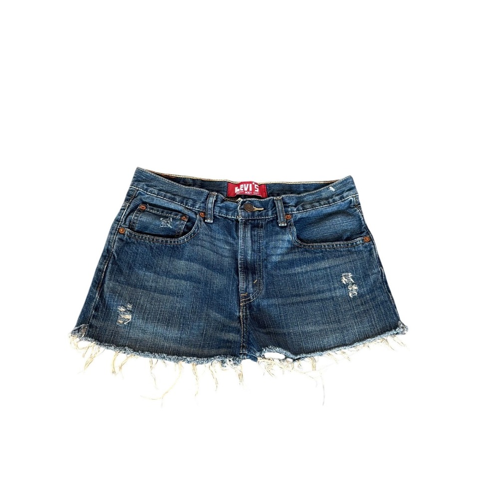 Levis 527 Boot Cut Distressed Denim Cut Off Shorts Dark Wash Womens 29